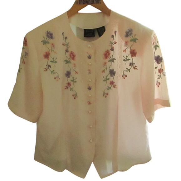 Vintage Laura Scott Pink Floral Blouse 90s Embroidered Pearl Button Top Sz 12 - Picture 16 of 17